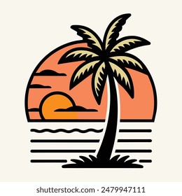 Summer sunset tropical beach line art vector illustration, hand drawn sunset and sunrise outline landscape tropical beach, palm tree with sunset waves Nature