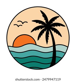 Ilustración vectorial de arte de la línea de playa tropical del atardecer del verano, puesta de sol dibujada a mano y puesta del sol contornean la playa tropical, palmera con las olas del atardecer Naturaleza