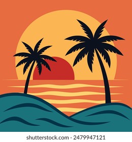 Summer sunset tropical beach line art vector illustration, hand drawn sunset and sunrise outline landscape tropical beach, palm tree with sunset waves Nature