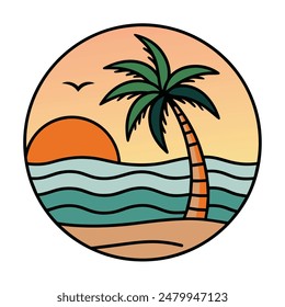 Summer sunset tropical beach line art vector illustration, hand drawn sunset and sunrise outline landscape tropical beach, palm tree with sunset waves Nature