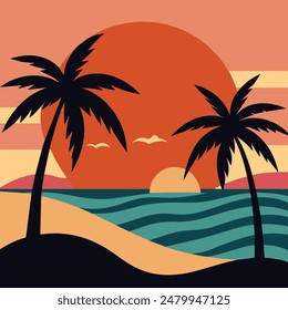 Summer sunset tropical beach line art vector illustration, hand drawn sunset and sunrise outline landscape tropical beach, palm tree with sunset waves Nature