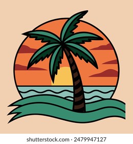 Summer sunset tropical beach line art vector illustration, hand drawn sunset and sunrise outline landscape tropical beach, palm tree with sunset waves Nature