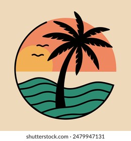 Ilustración vectorial de arte de la línea de playa tropical del atardecer del verano, puesta de sol dibujada a mano y puesta del sol contornean la playa tropical, palmera con las olas del atardecer Naturaleza