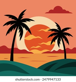 Summer sunset tropical beach line art vector illustration, hand drawn sunset and sunrise outline landscape tropical beach, palm tree with sunset waves Nature