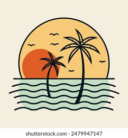 Summer sunset tropical beach line art vector illustration, hand drawn sunset and sunrise outline landscape tropical beach, palm tree with sunset waves Nature
