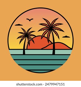 Summer sunset tropical beach line art vector illustration, hand drawn sunset and sunrise outline landscape tropical beach, palm tree with sunset waves Nature