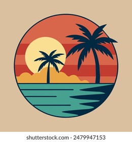 Summer sunset tropical beach line art vector illustration, hand drawn sunset and sunrise outline landscape tropical beach, palm tree with sunset waves Nature