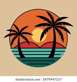 Summer sunset tropical beach line art vector illustration, hand drawn sunset and sunrise outline landscape tropical beach, palm tree with sunset waves Nature