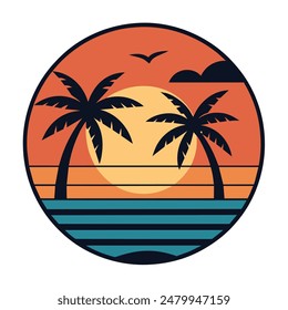 Summer sunset tropical beach line art vector illustration, hand drawn sunset and sunrise outline landscape tropical beach, palm tree with sunset waves Nature