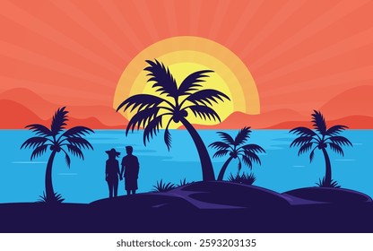 Summer sunset tropical beach line art vector illustration, Palm Tree on island. couple enjoy the sunset on a beautiful palm beach illustration, palm tree with sunset waves Nature.