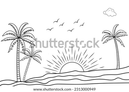 Summer sunset tropical beach line art vector illustration, hand drawn sunset and sunrise outline landscape tropical beach, palm tree with sunset waves Nature view, Kids drawing Beach coloring pages 
