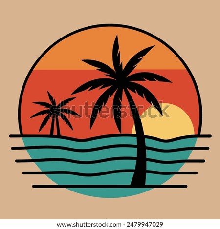 Summer sunset tropical beach line art vector illustration, hand drawn sunset and sunrise outline landscape tropical beach, palm tree with sunset waves Nature