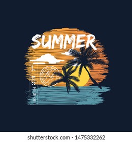 Summer Sunset. T-shirt and apparel vector design, print, typography, poster, emblem with palm trees.
