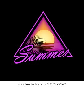 summer sunset vector design with palm tree triangles and sun. Template for design postcards or layout in tropical style theme vacation and travel.