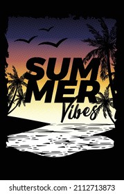 Summer Sunset vector layout background silhouette sea with colorful sky illustration golden shore California surf 