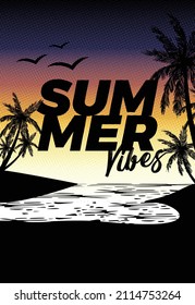 Summer Sunset vector layout background silhouette sea with colorful sky illustration golden shore California surf 