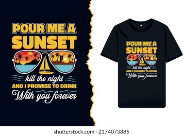 Summer sunset vector t-shirt design illustration for a beach party. Typography beach sunshine shirt with palm trees and vacation concept retro color style vintage print on shirt template. svg