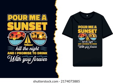 Summer sunset vector t-shirt design illustration for a beach party. Typography beach sunshine shirt with palm trees and vacation concept retro color style vintage print on shirt template.