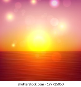 Vista do pôr do sol de verão com mar e céu. Fundo tropical. Ilustração vetorial. 