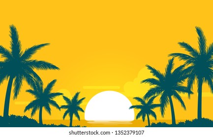 summer sunset yellow sky with silhouette coconut palm vector background