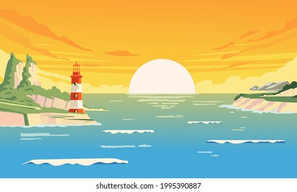 Summer Sunsets In The Bay With A Lighthouse That Stands On The Waterfront. Used For Poster, Website Image And Other