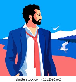 Summer sunshine day. Bearded man standing on the beach, face in profile. Sea background, sky, gulls. Vector illustration