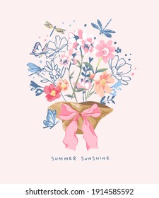 summer sunshine slogan with colorful bouquet of flowers in beach hat illustration