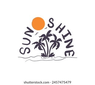 Summer Sunshine Tropical Beach Palm Trees. Sunshine with wave. Long beach summer time print design artwork.