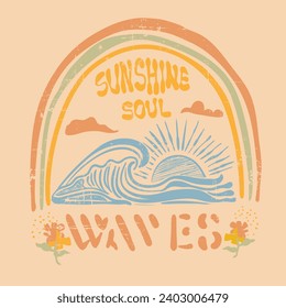 Summer sunshine women's girls t-shirt sweatshirt print design in vector format, big wave under the sun, tropical vibes for beach art illustration