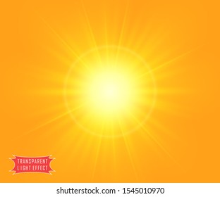 Summer sunshine yellow background with a soft transparent rays of the sun or the flash of a star. Vector illustration.