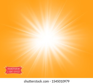 Summer sunshine yellow background with a soft transparent white sunlight or the flash of a star. Vector illustration.