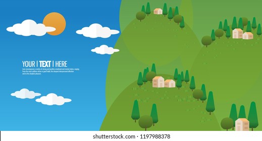 summer sunshiny mountain background trees and litle house for christmas view in flat style