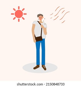 Summer sunstroke risk in very hot day. A man at outdoor with hot sun light has a risk to have Heat stroke. Symptoms such as high body temperature, headache, perspire, dehydration. Health care concept.