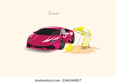 súper coches de verano y alojamiento de vacaciones en la playa. ilustración vectorial.