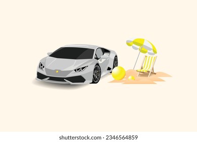 summer super cars and beach holiday accommodation. vector illustration.