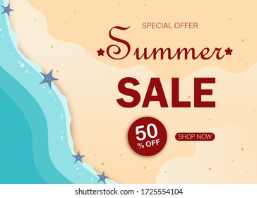 Summer super sale banner with beach. Vector illustration template and banners, wallpaper, flyers, invitation, posters, brochure, voucher discount.