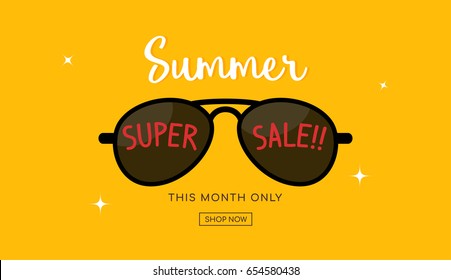 Summer super sale banner with cool sunglasses, Vector illustration.