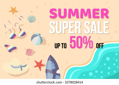 Summer super sale banner with summer elements in top view on Beach background. Vector illustration template and banners, wallpaper, flyers, invitation, posters, brochure, voucher discount.