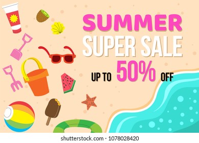 Summer super sale banner with summer elements in top view on Beach background. Vector illustration template and banners, wallpaper, flyers, invitation, posters, brochure, voucher discount.