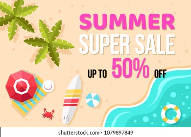 Summer super sale banner with summer elements in top view on Beach background. Vector illustration template and banners, wallpaper, flyers, invitation, posters, brochure, voucher discount.