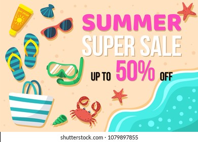 Summer super sale banner with summer elements in top view on Beach background. Vector illustration template and banners, wallpaper, flyers, invitation, posters, brochure, voucher discount.