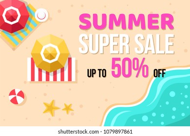 Summer super sale banner with summer elements in top view on Beach background. Vector illustration template and banners, wallpaper, flyers, invitation, posters, brochure, voucher discount.