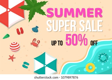 Summer super sale banner with summer elements in top view on Beach background. Vector illustration template and banners, wallpaper, flyers, invitation, posters, brochure, voucher discount.