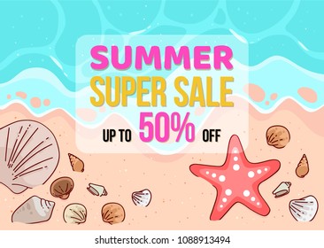 Summer super sale banner with summer elements in top view on Beach background. Vector illustration template and banners, wallpaper, flyers, invitation, posters, brochure, voucher discount.