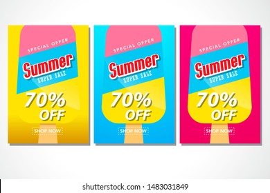 Summer super sale banner with sun umbrellas on background. Vector illustration template and banners, wallpaper, flyers, invitation, posters, brochure, voucher discount.
