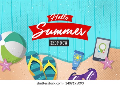 Summer super sale banner template on color background.