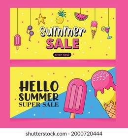 summer super sale banners set with ice cream and beverages