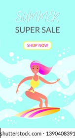 Summer Super Sale vertical Banner. Woman on Surfboard is swimming through Waves. Vector Illustration template and Banners, wallpaper, Flyers, invitation, Posters, Brochure, voucher Discount.