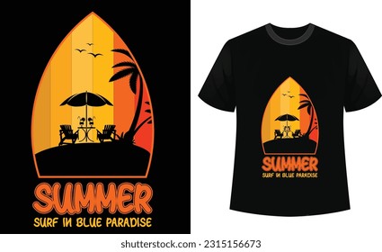 Summer surf in blue paradise t-shirt design. New summer t-shirt design.