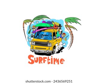 Vacaciones de verano en bus de surf. Dibujos animados, plantilla de diseño de impresión de estilo comics. Ilustración de arte vectorial. 